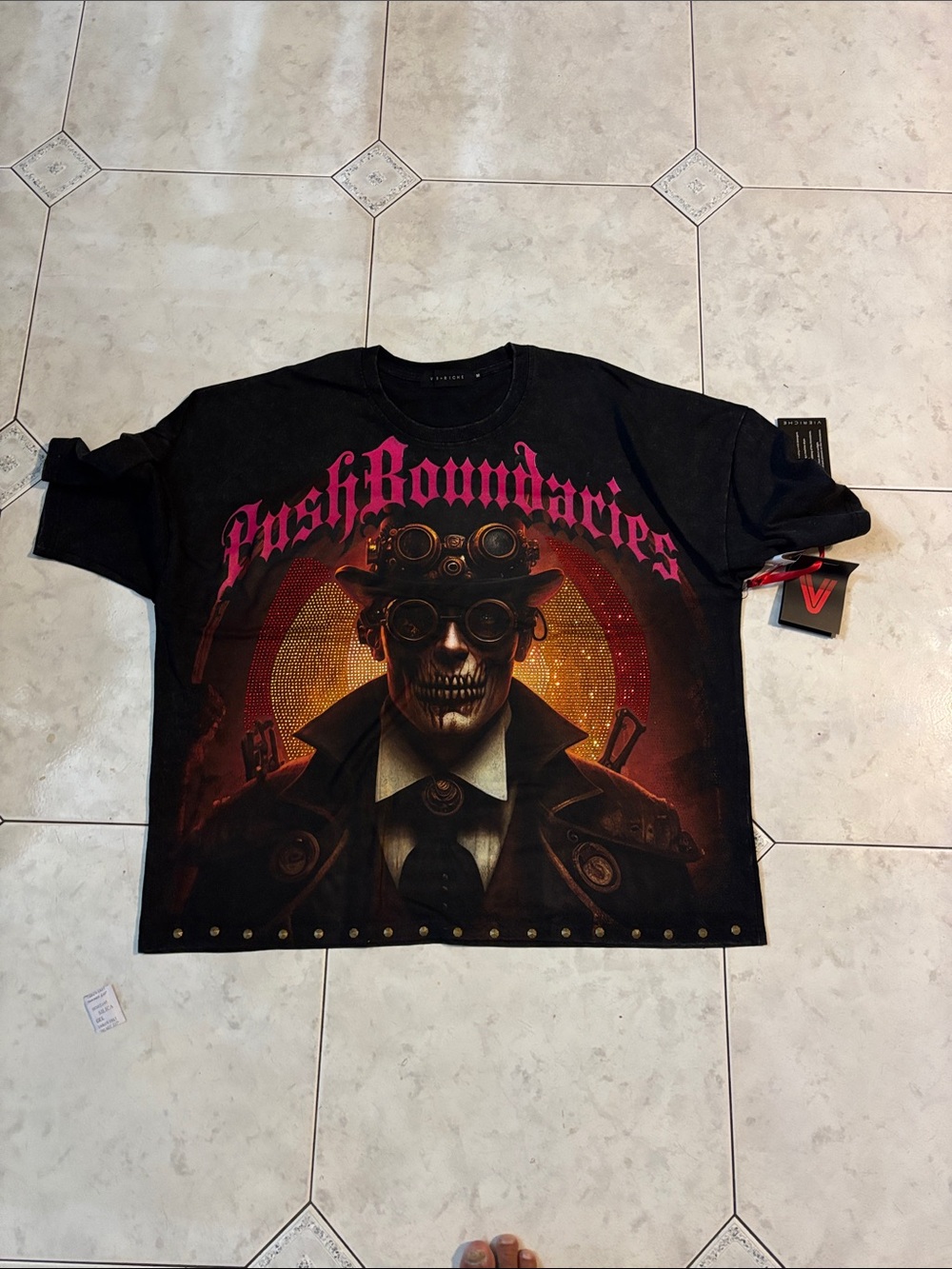 Reserved Black Graphic Tee with Red and Orange Steampunk Skull Print